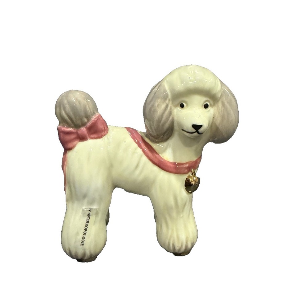 Anthropologie Ceramic Cream Poodle Dog Figurine Pink Bow Japan Novelty Decor